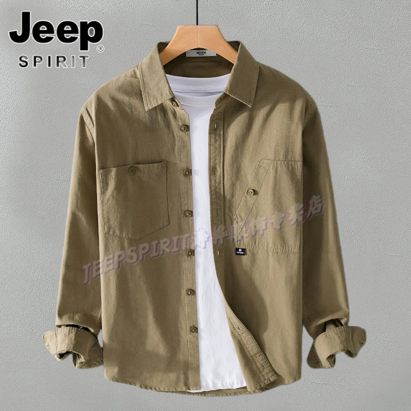 Jeep吉普春秋复古工装休闲长袖衬衫男士宽松百搭衬衣潮牌痞帅外套