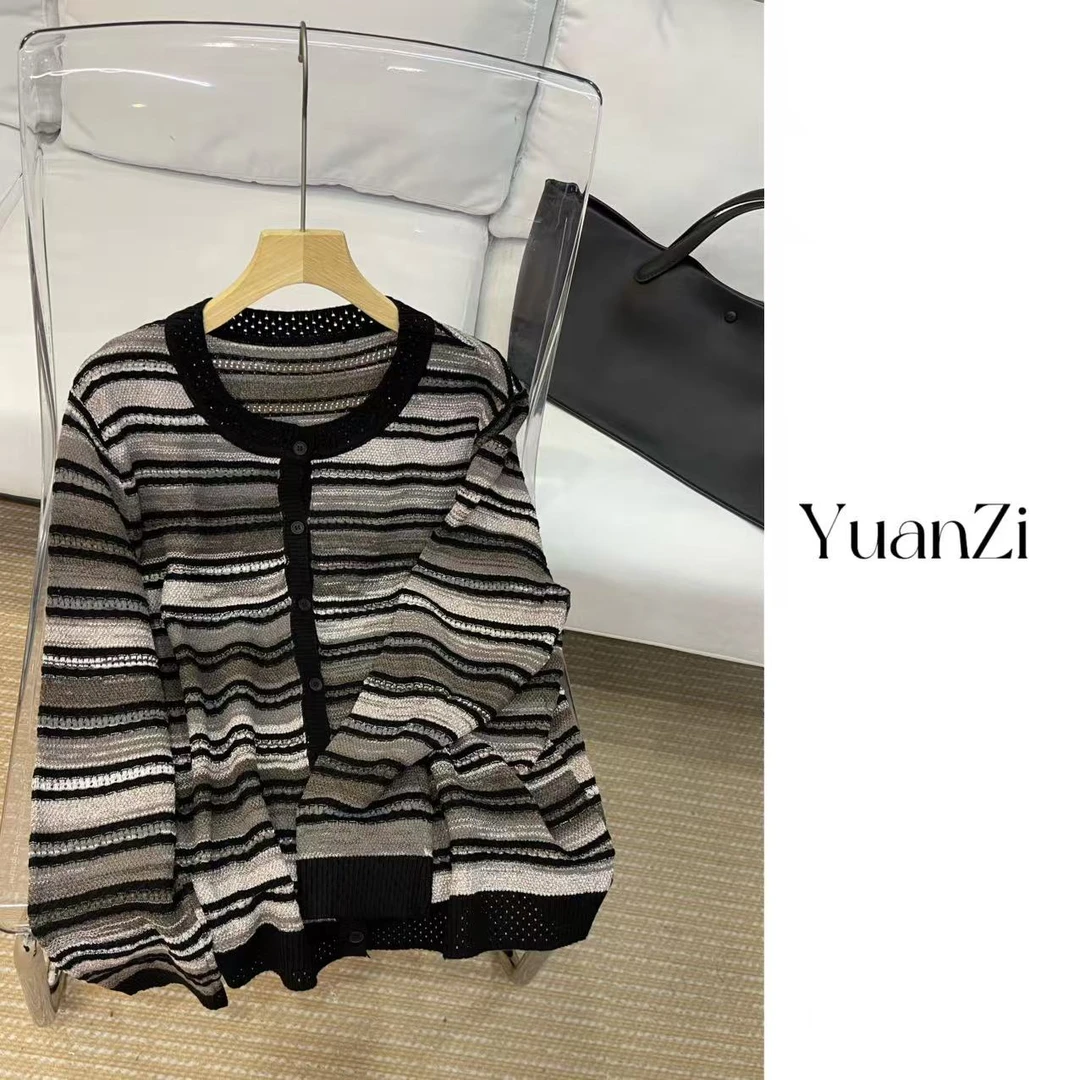 秋冬新款复古条纹撞色宽松针织开衫013