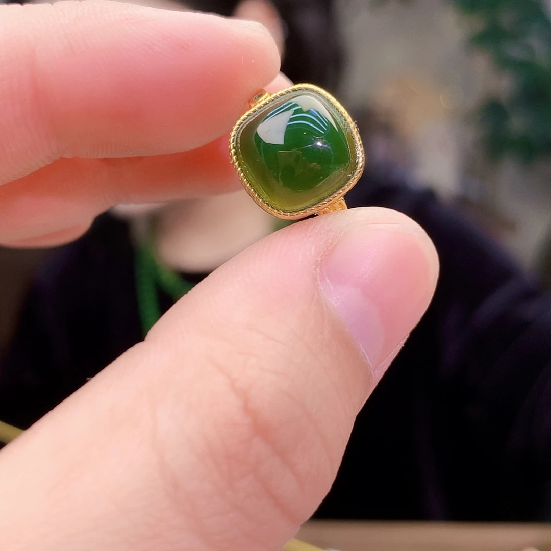 吊坠(不含链)银S925镶嵌和田玉（碧玉）戒指