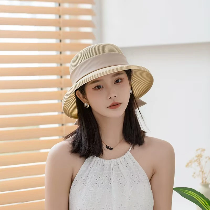 渔夫帽春夏款小飘带赫本帽子冰丝编织折叠轻薄春游女款防紫外线