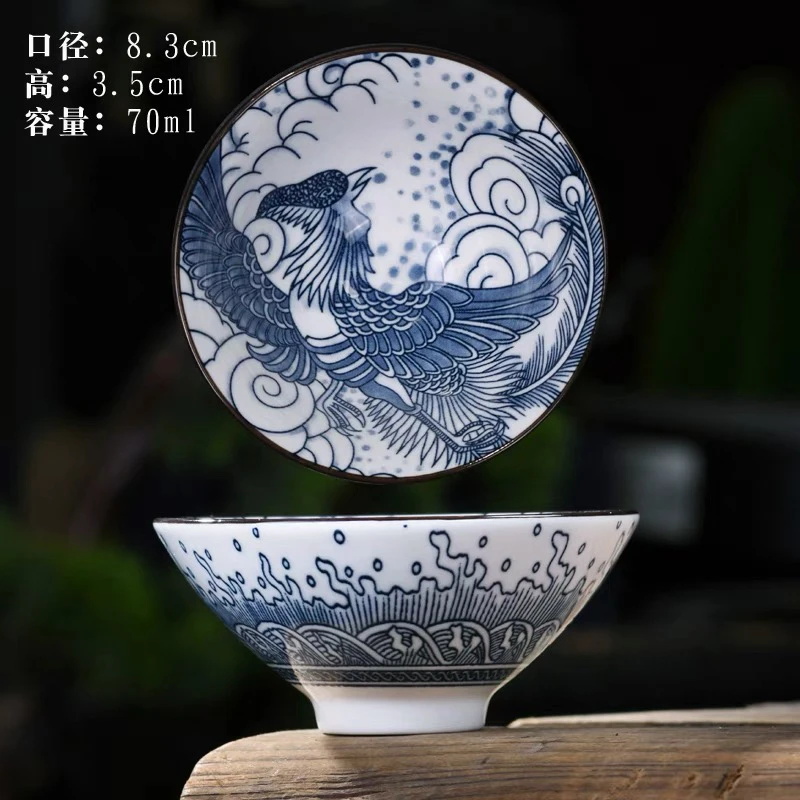 德艺  E717青花瓷茶具釉下彩凤舞九天斗笠杯约80ml复古家用陶瓷