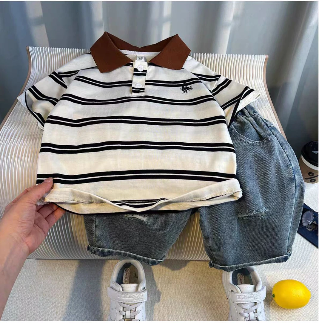男童条纹polo衫夏季2025新款中大童夏装上衣儿童两件套短袖套装