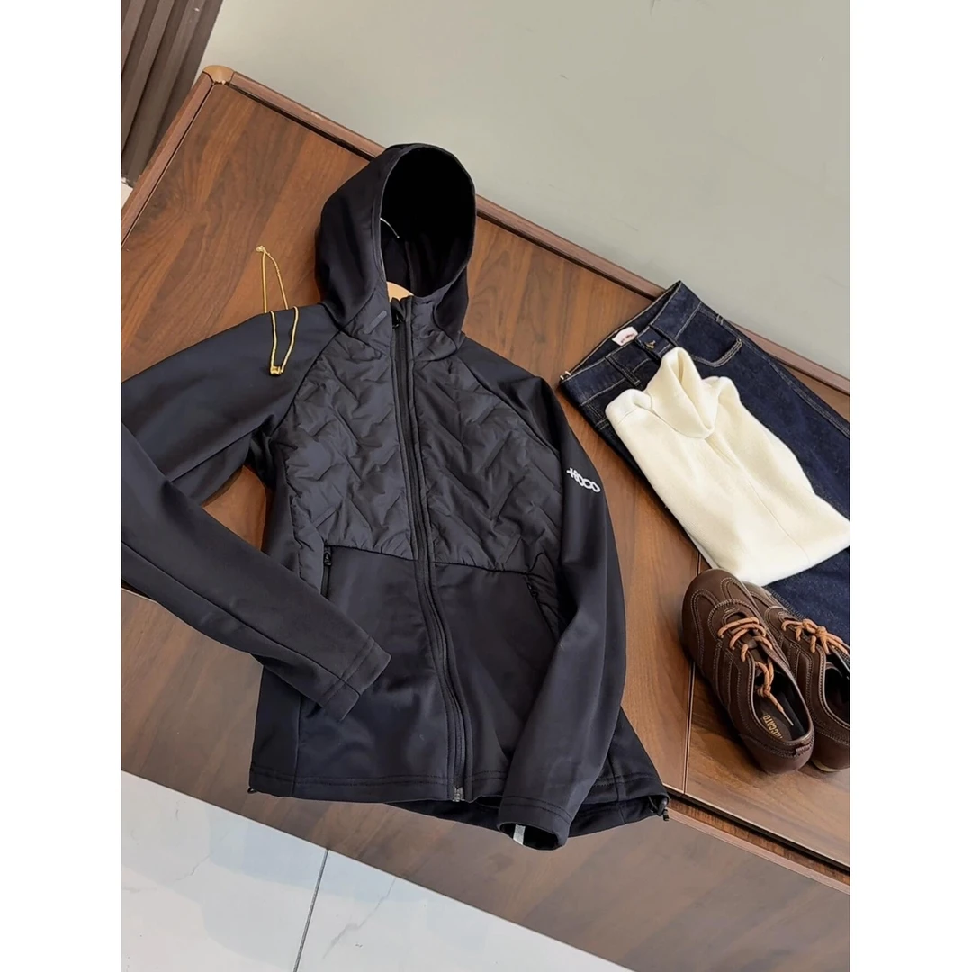 美单 连帽户外运动拼接插肩长袖修身显瘦黑色上衣小蛮腰短外套