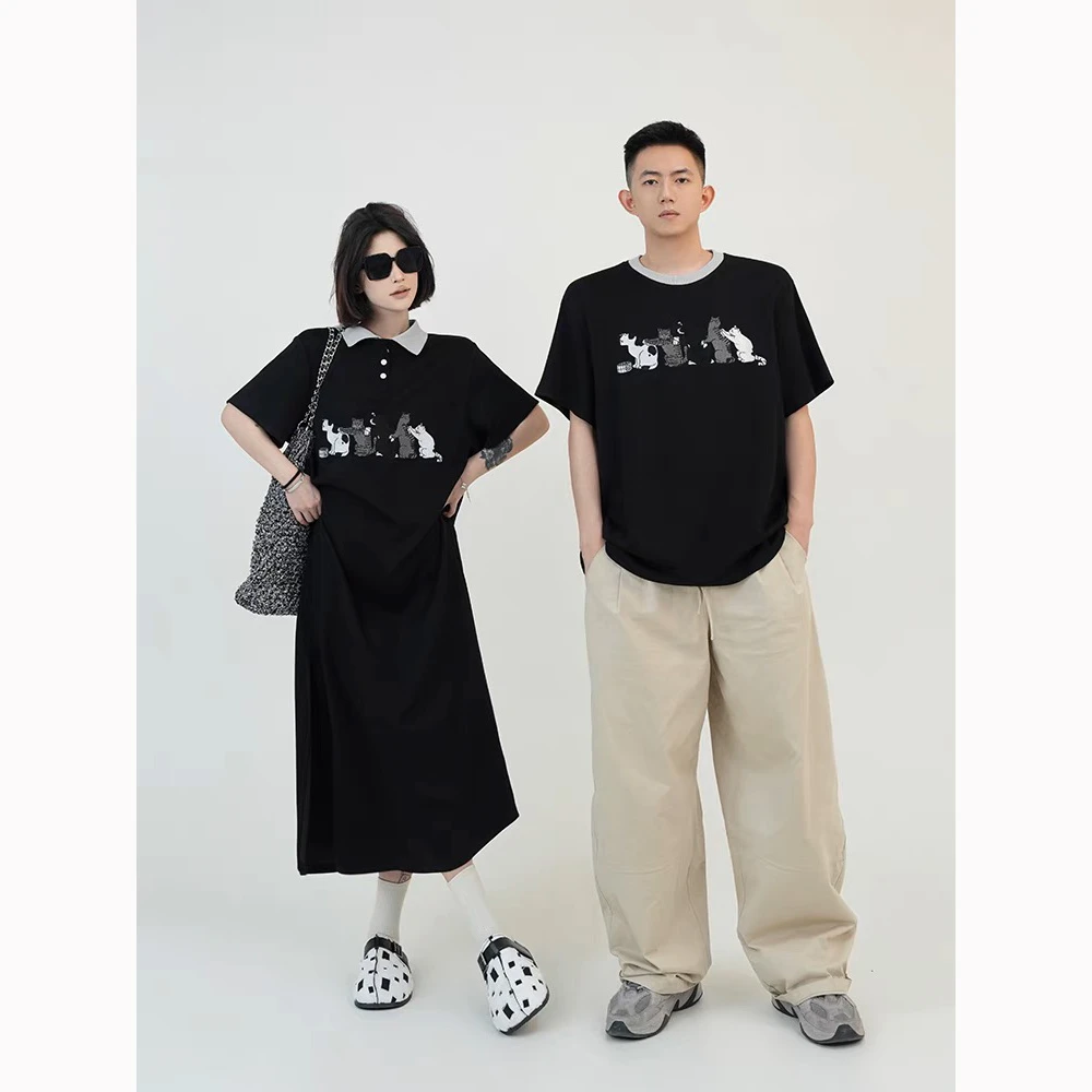 黑色卡通印花Polo领短袖连衣裙女2025夏季韩系宽松直筒T恤裙子