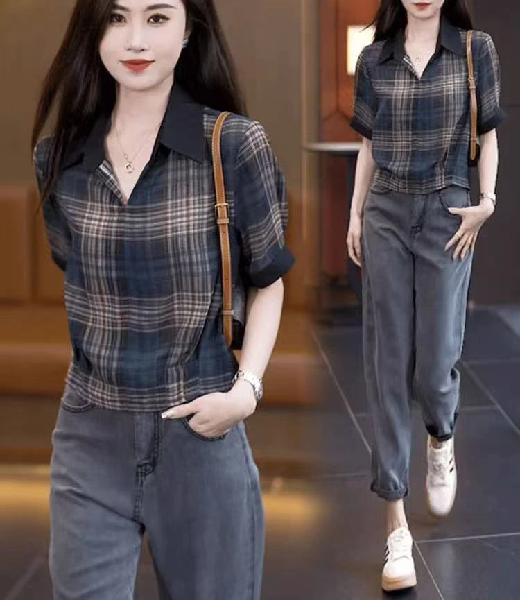 24213#翻领格子短袖衬衫上衣女显瘦气质洋气时尚百搭小众夏季新款
