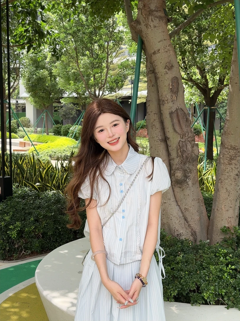 《小雪专属》甜美条纹短袖娃娃领衬衫中长款半身裙套装裙两件套女