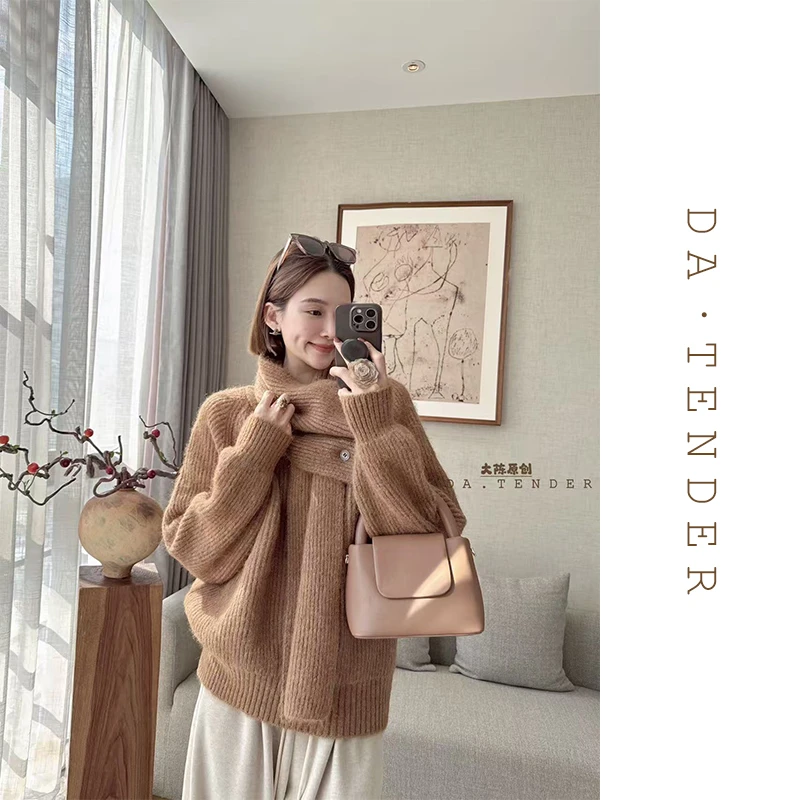 DA·Tender【焦糖朗姆坑条大毛衣-配围巾】厚实柔软可拆卸围巾