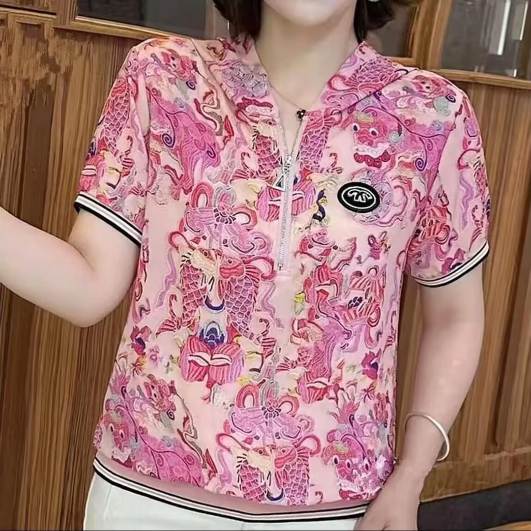 夏季新款连帽拉链上衣t恤百搭洋气宽松大码妈妈装短袖小衫