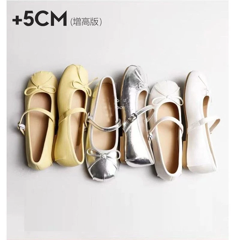 蝴蝶结内增高单鞋5cm增高版浅口玛丽珍鞋女法式芭蕾舞鞋2025新款