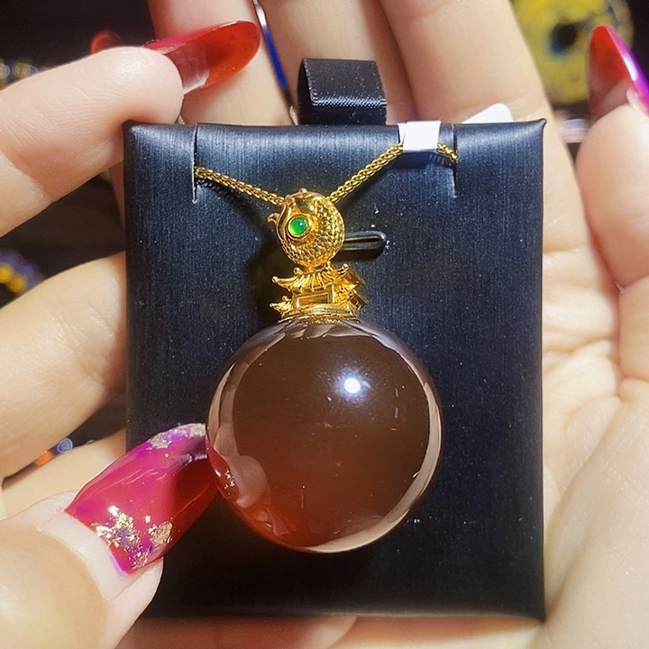 蓝珀珠宝奇石18K金镶嵌紫蜜大吊坠26mm