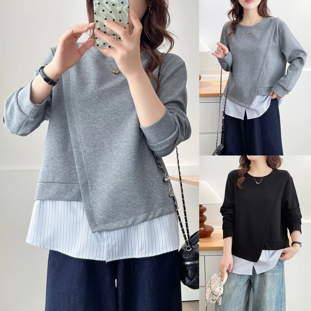 微胖大码女装110-200斤秋装新款遮肚显瘦拼接假两件卫衣大码女装