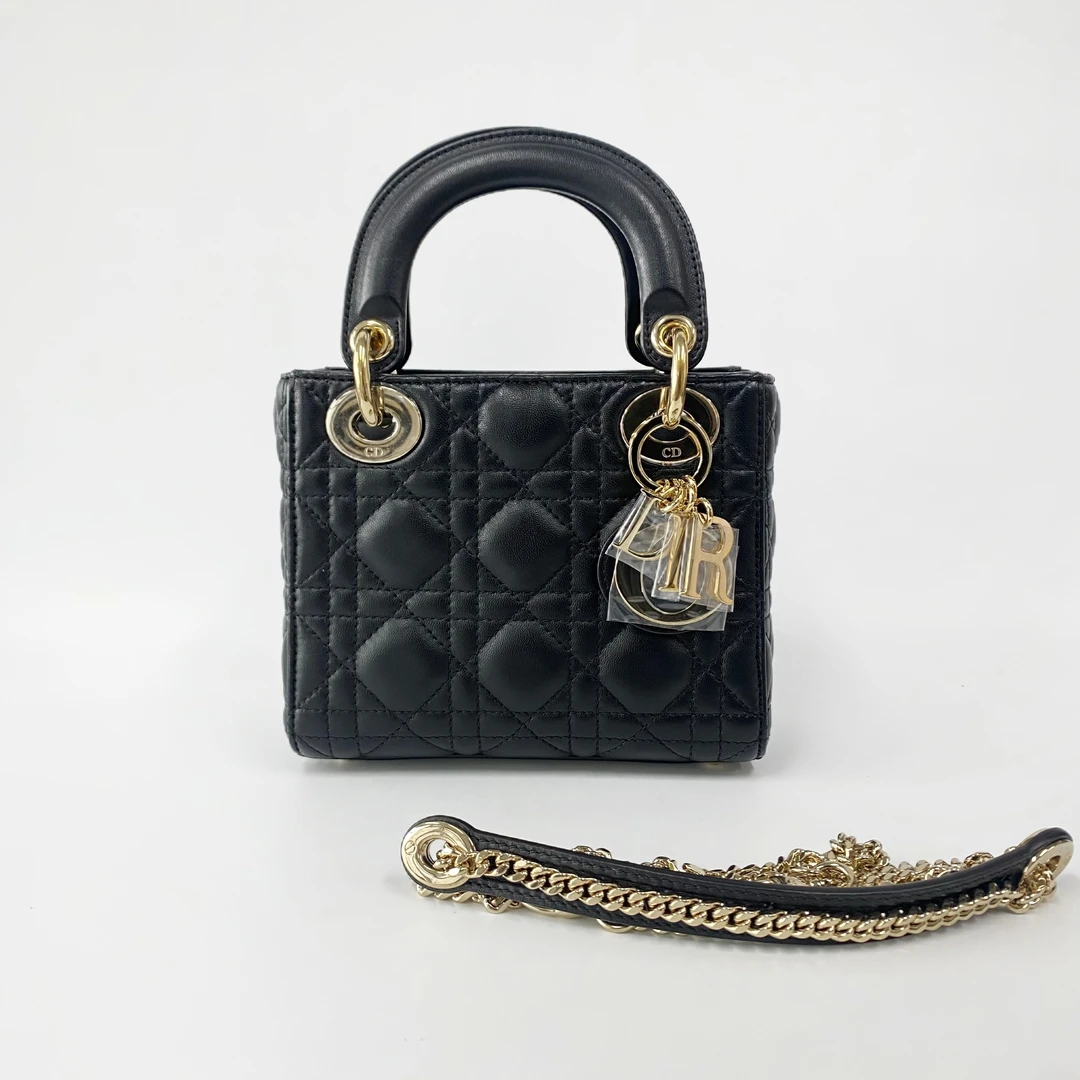 99新 DIOR/迪奥 99新 黑色金扣三格戴妃手提斜挎包