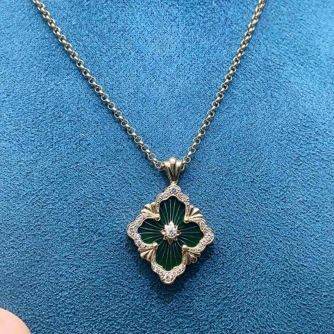 钻石颈饰18K金镶嵌歌剧院绿色珐琅单面钻项链大号