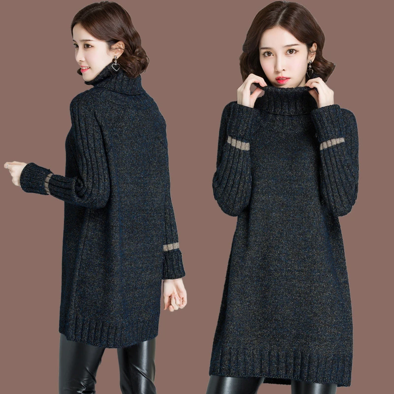 高领毛衣女秋冬套头加厚2021新款韩版网红粗毛线宽松中长款打底衫