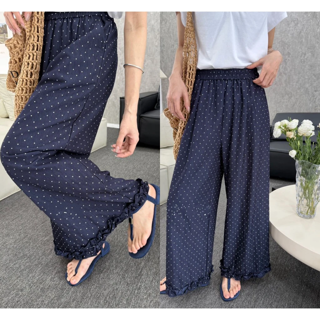 松紧腰波点荷叶边阔腿裤女2025夏宽松百搭直筒休闲裤