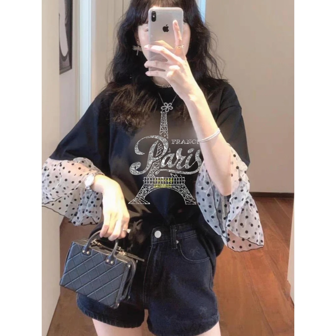 大码女装韩国东大门2025夏季新款爱心烫钻宽松显瘦大版短袖T恤女