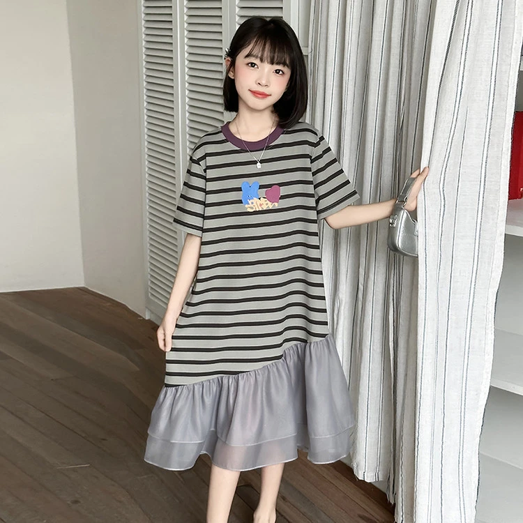 女童夏季连衣裙2025新款儿童6-12岁15学生洋气休闲短袖拼接长裙潮