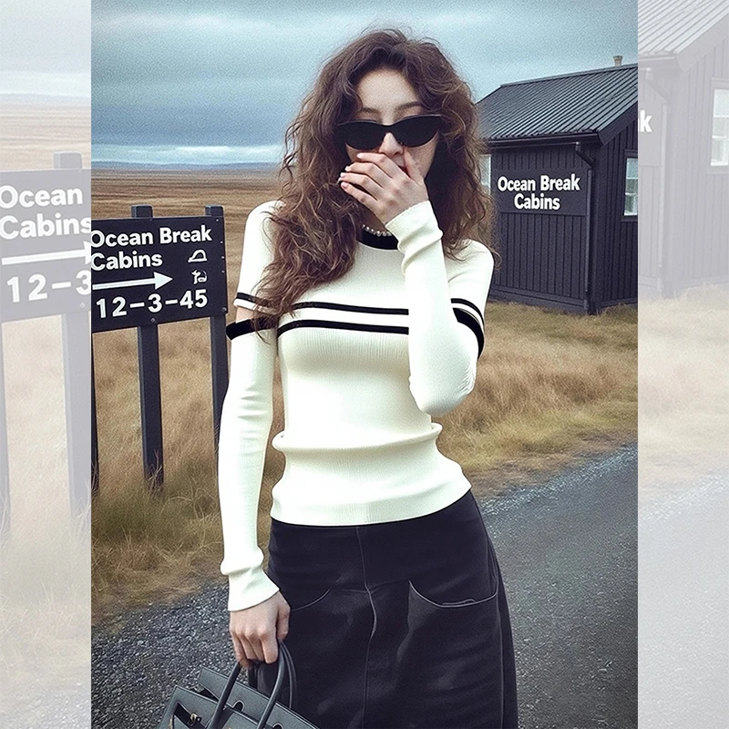 别致独特漂亮内搭镂空小衫女装秋冬洋气高贵针织衫白色条纹上衣服
