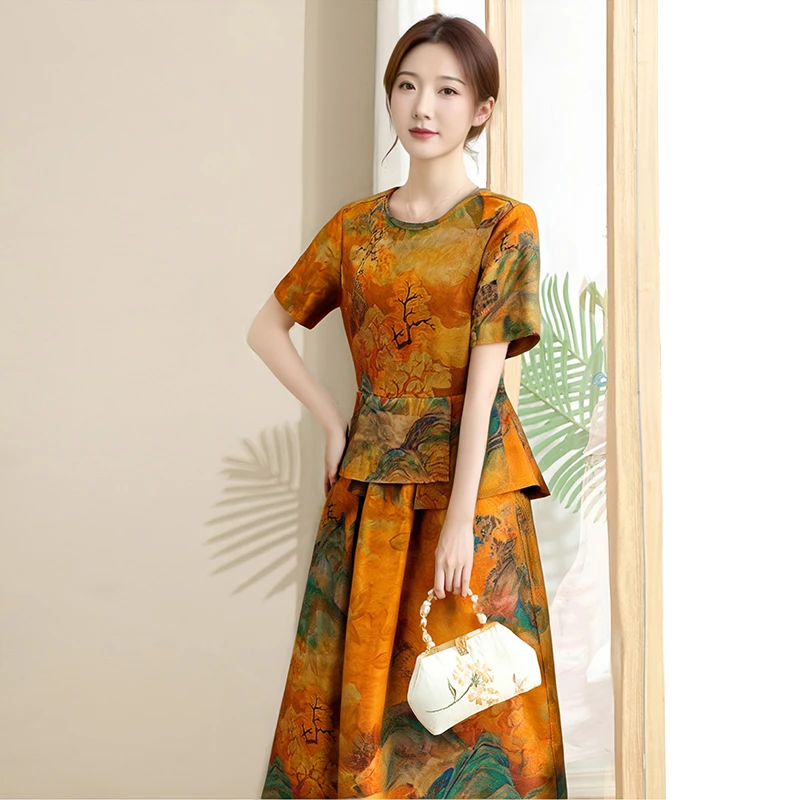 娑尔香云纱仕女图夏季复古连衣裙长款中式气质优雅裙子SI4LY03389