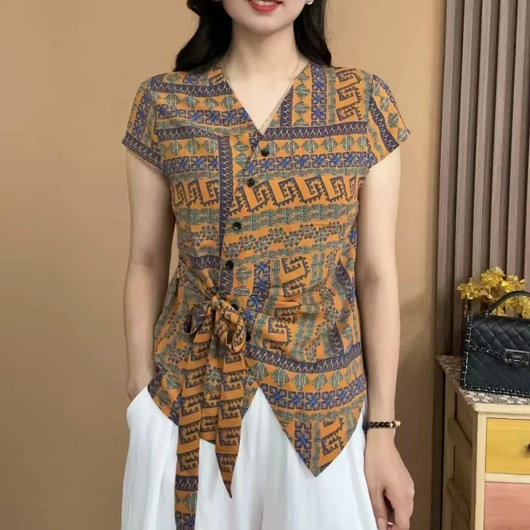 2025年女士V领小袖莱赛尔天丝印花系带夏季清爽舒适透气靓丽款