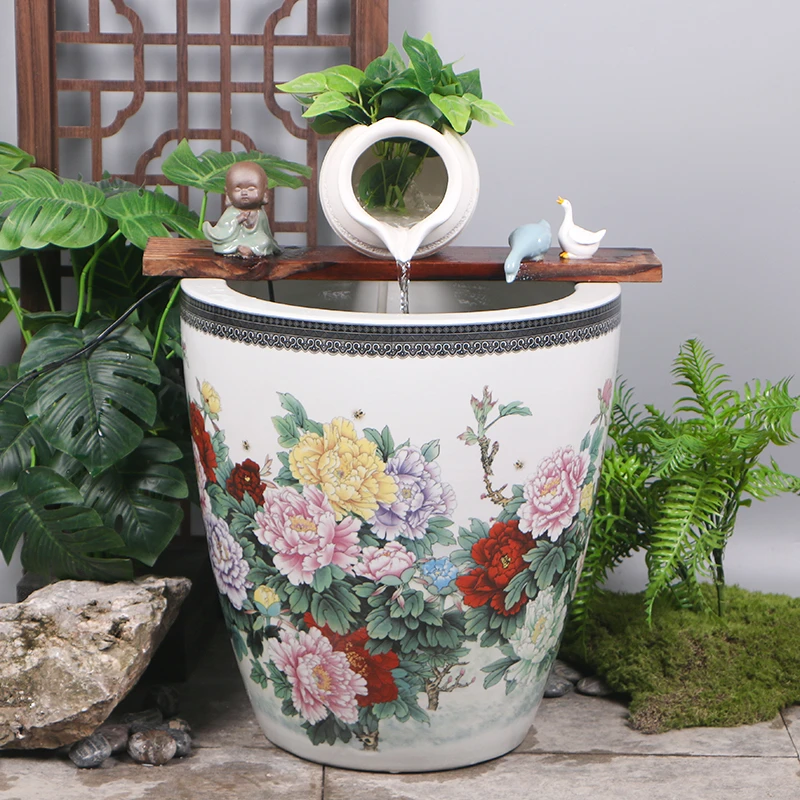 加高陶瓷大缸古法养鱼缸客厅阳台金鱼缸陶罐循环流水造景老式水缸