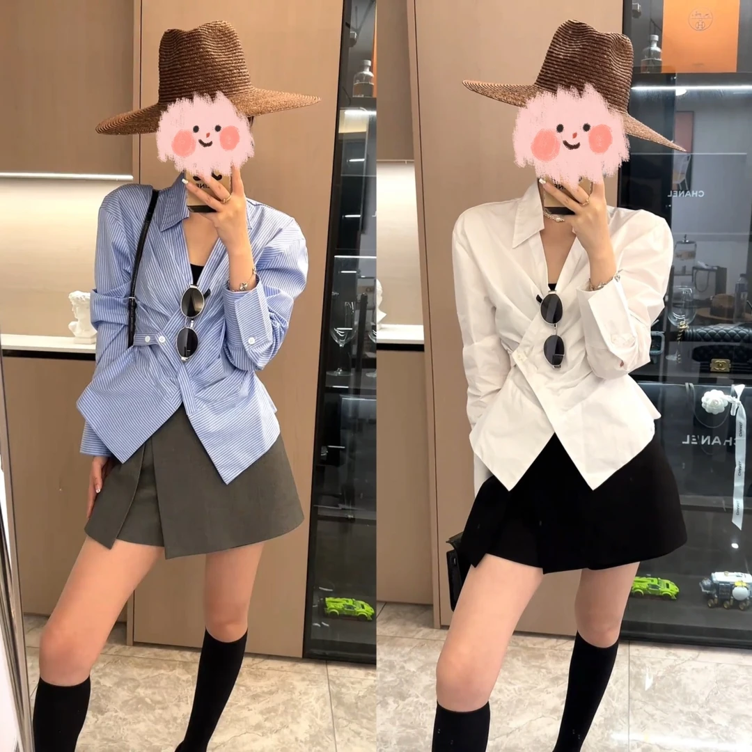 财阀千金女装2025春季轻奢气质长袖条纹衬衫高腰短裙裤洋气衣服女