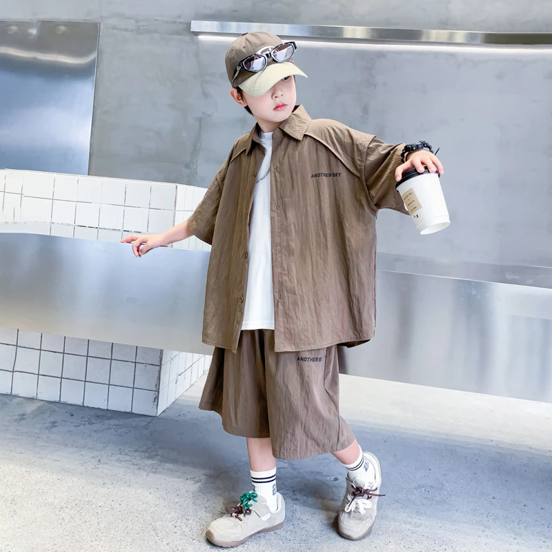 男童夏装酷帅短袖衬衫休闲套装2025新款儿童男孩夏日冰丝速干衣服