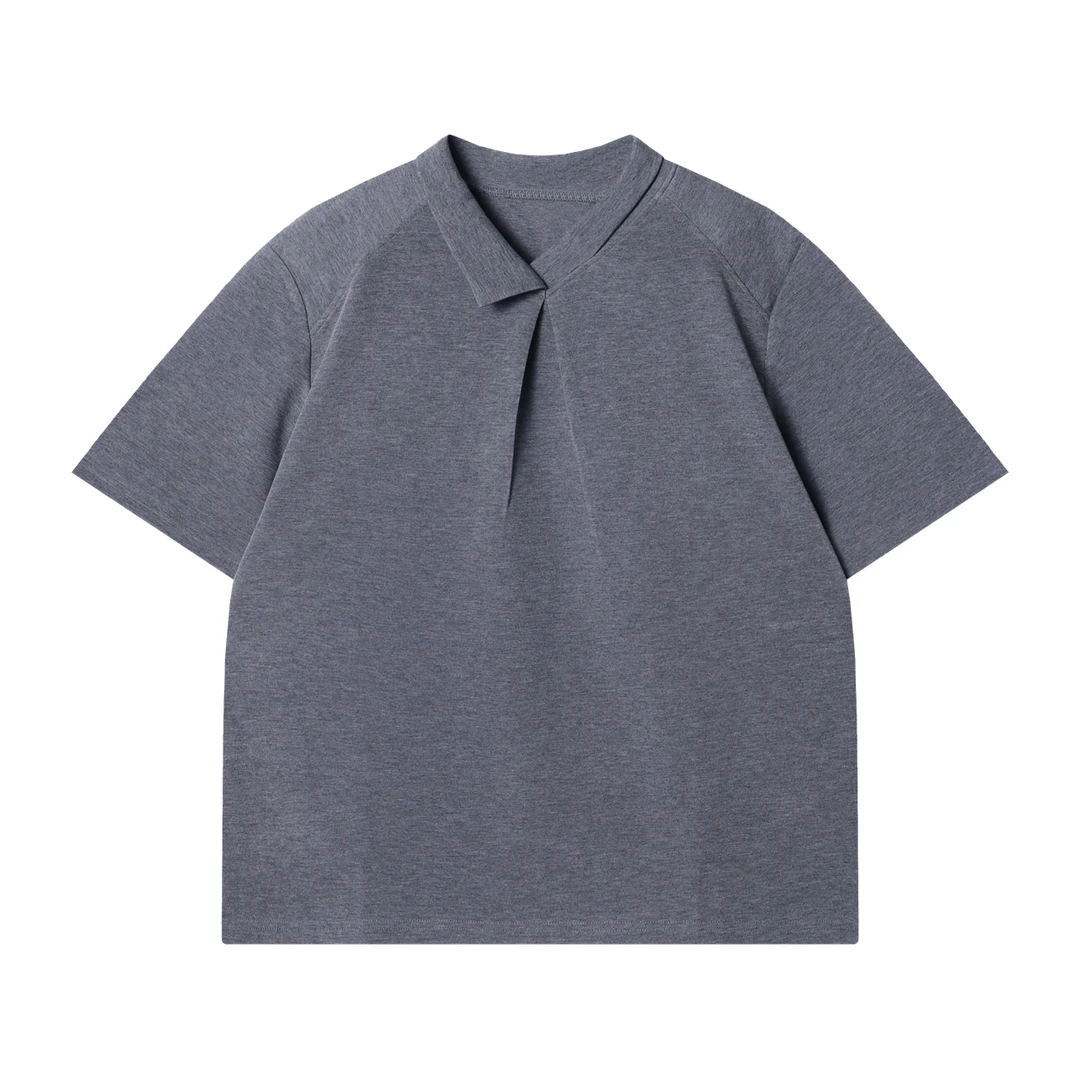 夏季高级感新款潮牌纯色褶皱翻领短袖T恤重磅百搭潮流简约上衣