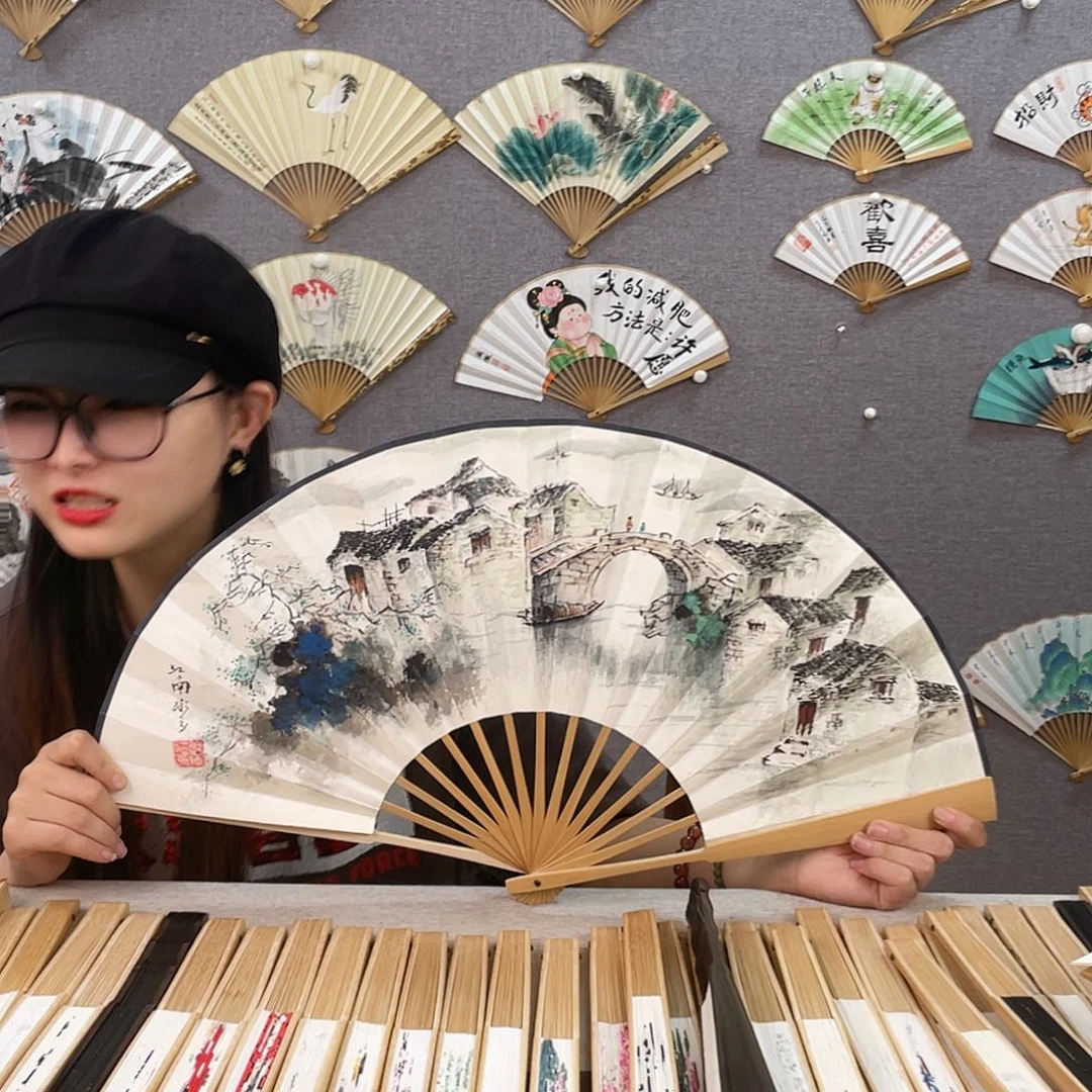 国画10寸玉竹-纯手绘-文玩扇骨（默认粘好）