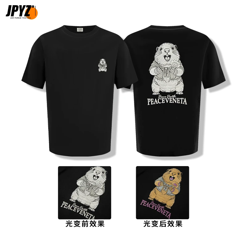 【啊!土拨鼠】2025新款重磅刺绣光变宽松舒适潮流圆领潮牌男装V1072