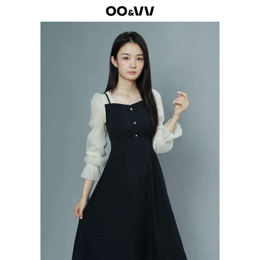 OO&VV法式泡泡袖黑白撞色拼接假两件连衣裙女2025秋新款修身A字裙