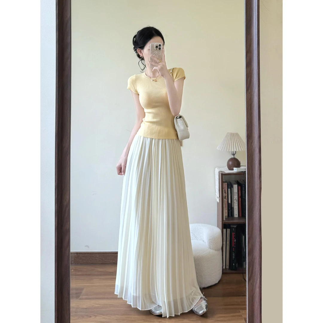 现货 黄色修身针织短袖上衣女夏日绝美穿搭一整套半身裙两件套装