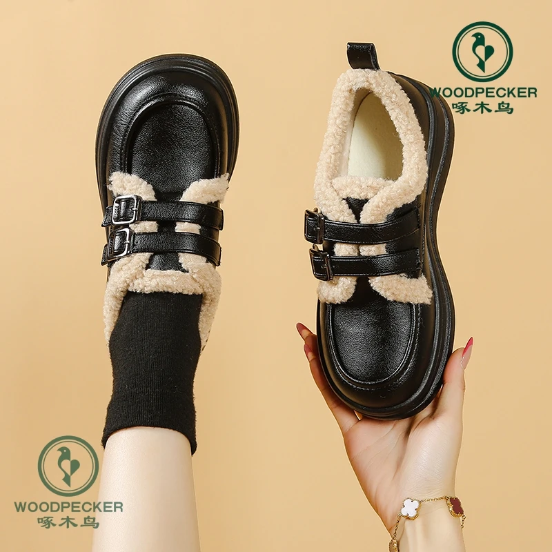 啄木鸟/雪地靴女2025新款冬季厚底加绒乐福鞋毛毛小皮鞋英伦风-俞