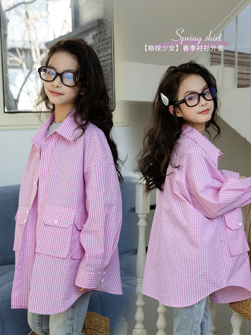 女童衬衫春季薄款2025新款洋气粉白格翻领薄外套上衣E51G309006