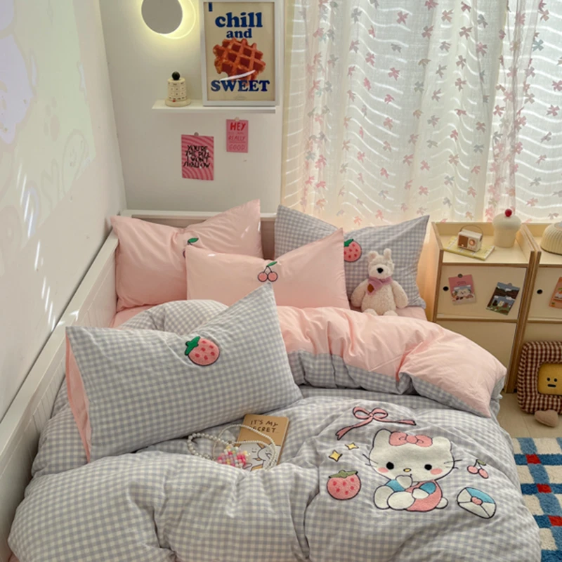 草莓凯蒂A类全棉毛巾绣床上用品四件套纯棉色织水洗棉被套三件套