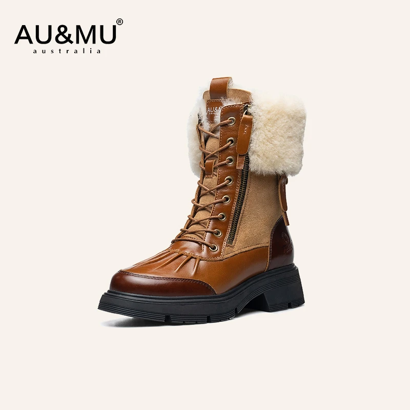 AUMU2025新款防水加绒加厚真皮高筒马丁靴女羊皮毛一体雪地靴671