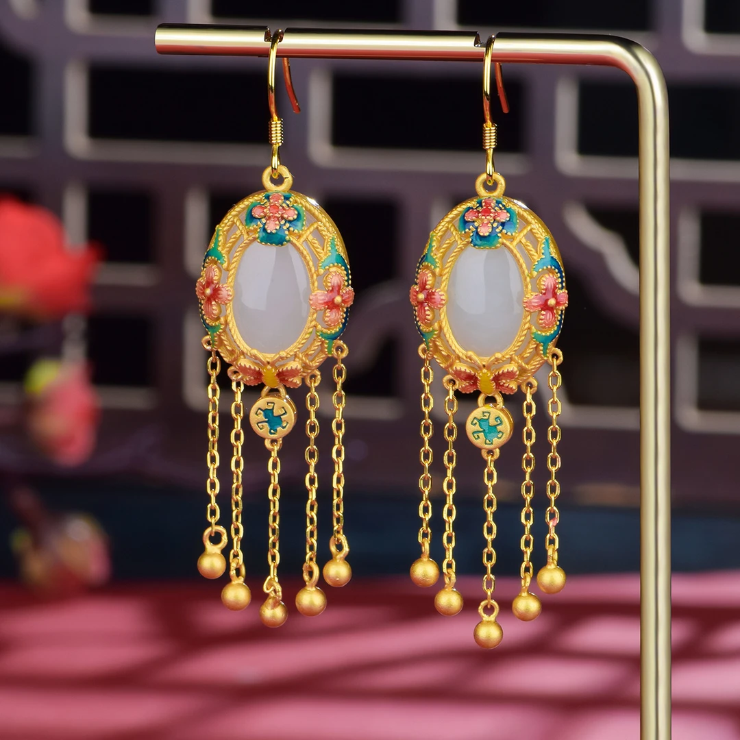 和田玉蛋面珐琅彩《绽放》S925银镶耳环