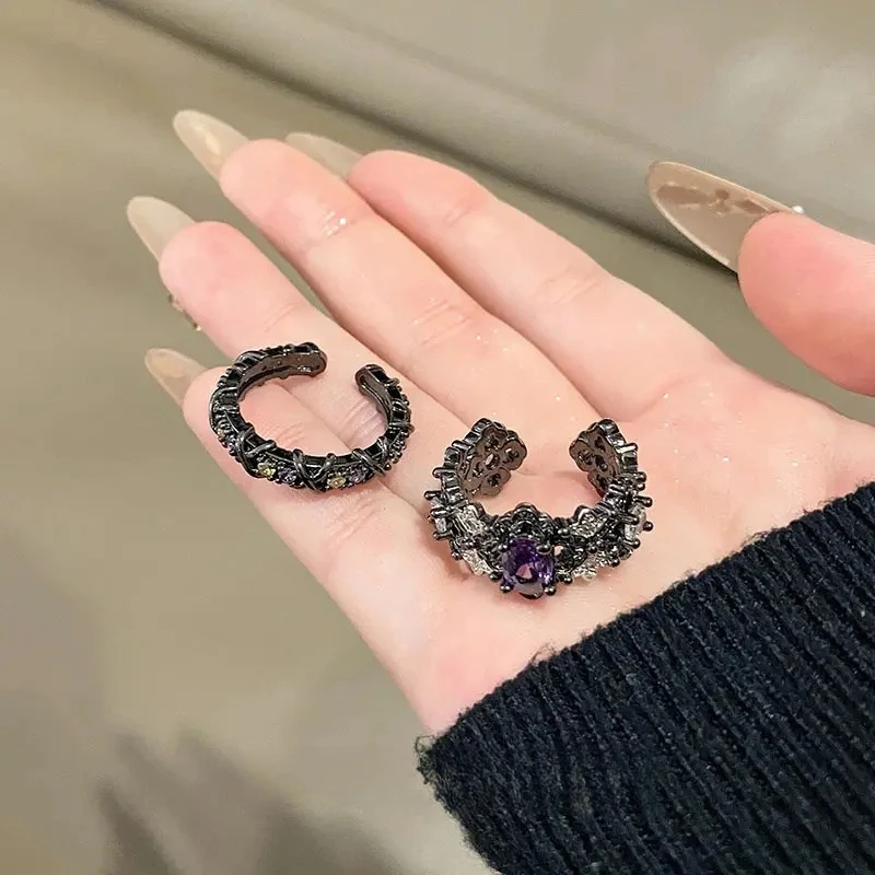 铜合金戒指 黑镂空紫钻小众开口戒指交XO彩锆无性别风个性手饰