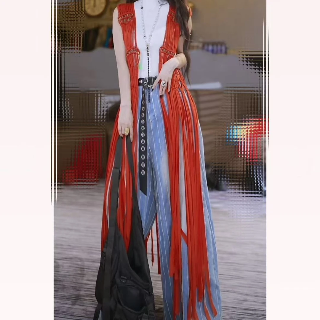 欧货手工编织流苏长马夹