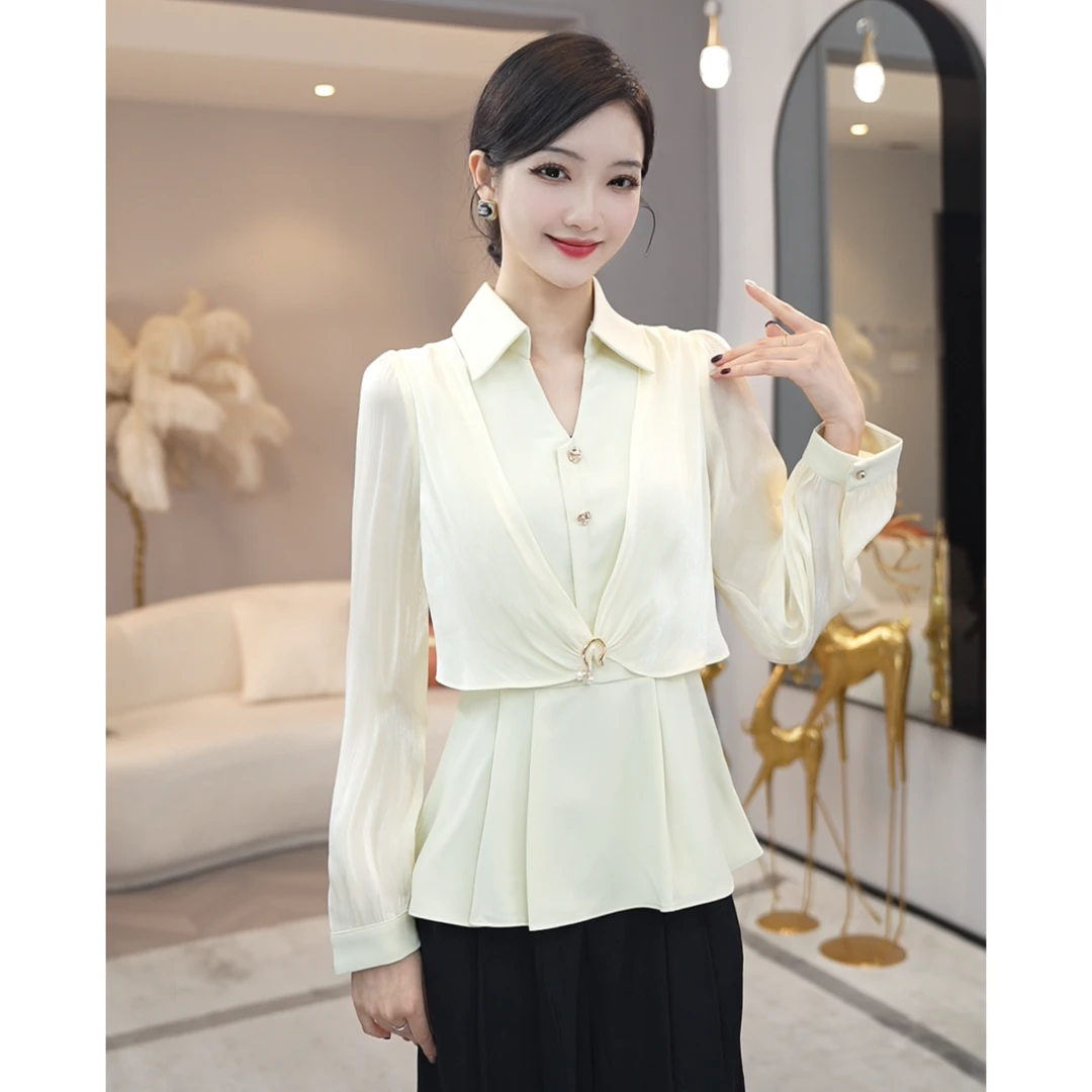 现货2025早秋新款【7308】小众气质轻奢风高级感米白色长袖衬衫上衣