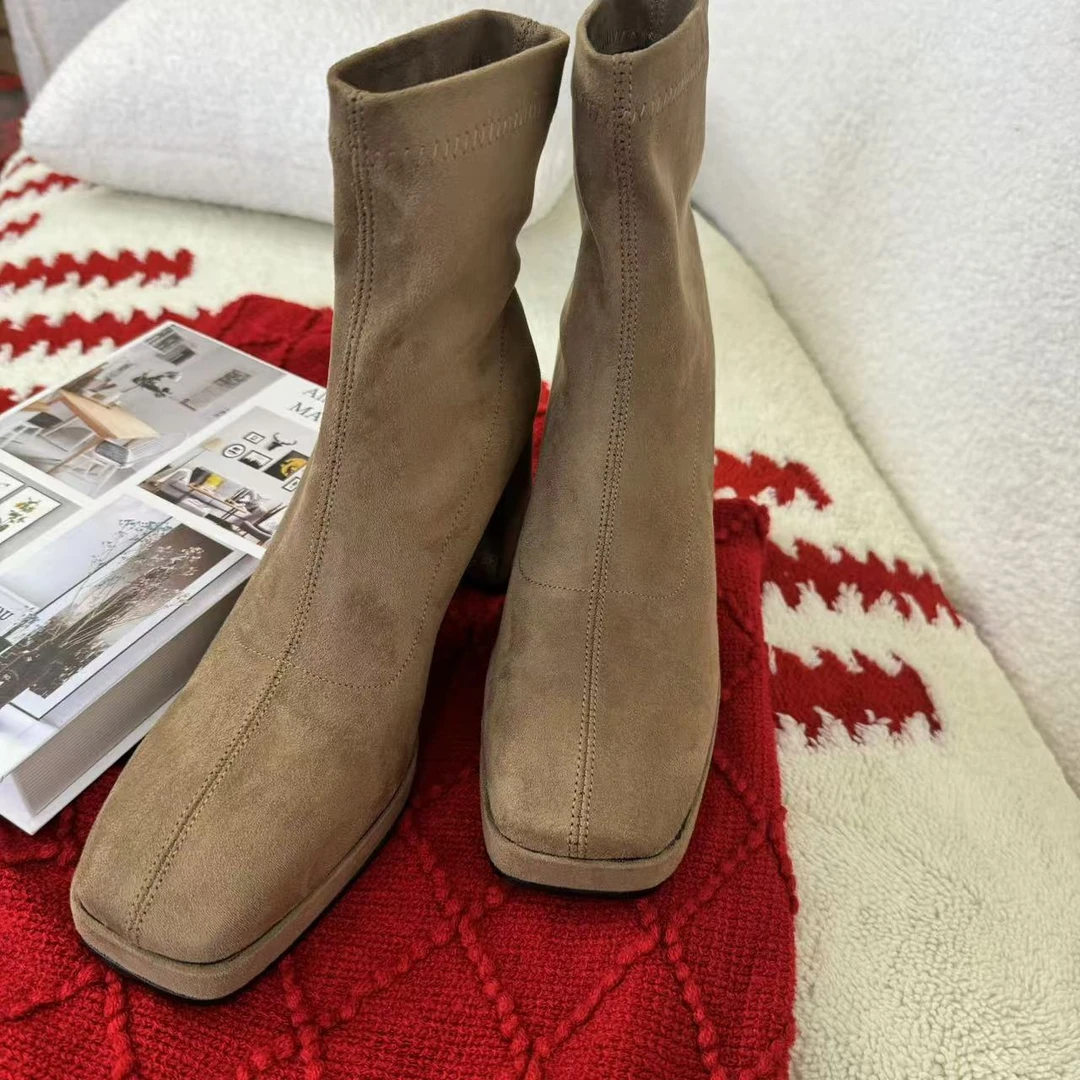 麦麦定制复古方头气质绒面高跟弹力靴法式瘦瘦靴7969