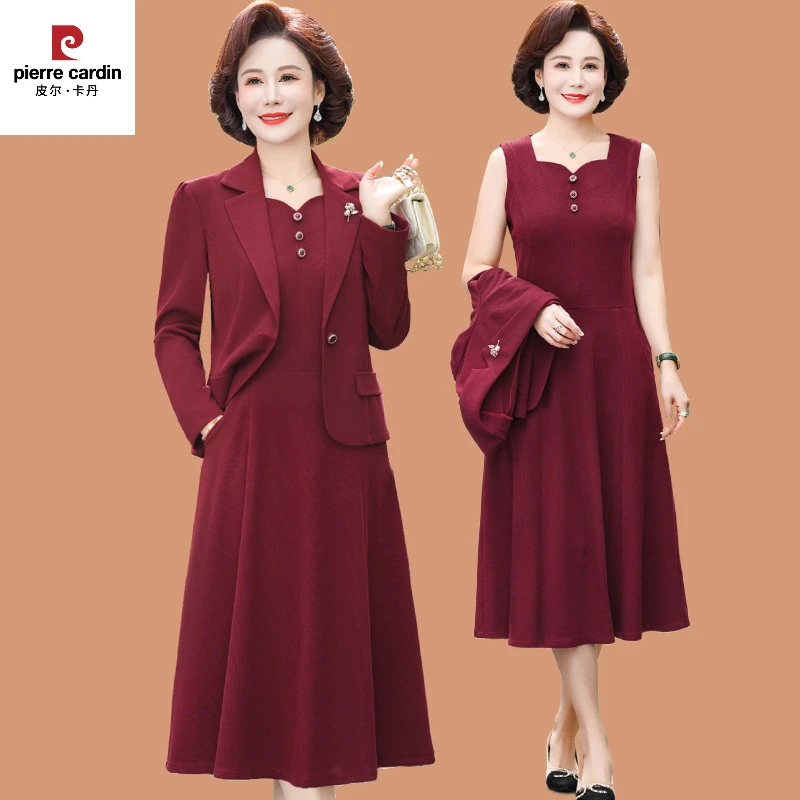 皮尔卡丹2025新款妈妈洋装女春秋结婚礼服套装高端喜婆婆婚宴装平