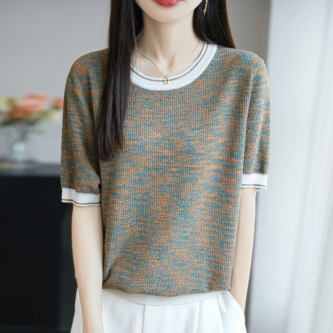 微胖mm夏装大码冰丝针织衫女士短袖t恤2025新款遮肚子巨显瘦上衣