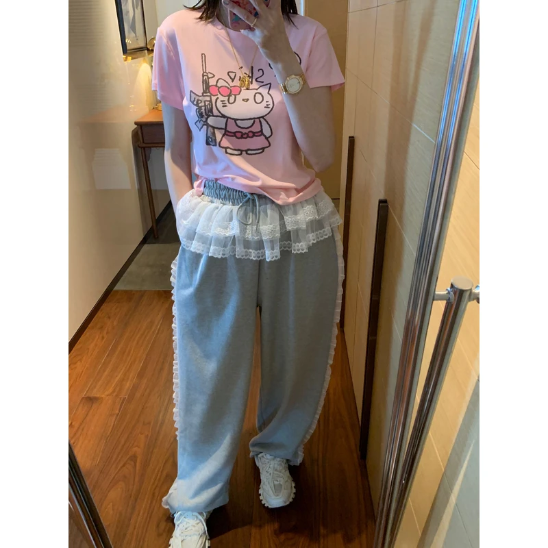 【张静芝】涂鸦卡通猫咪粉色短袖T恤