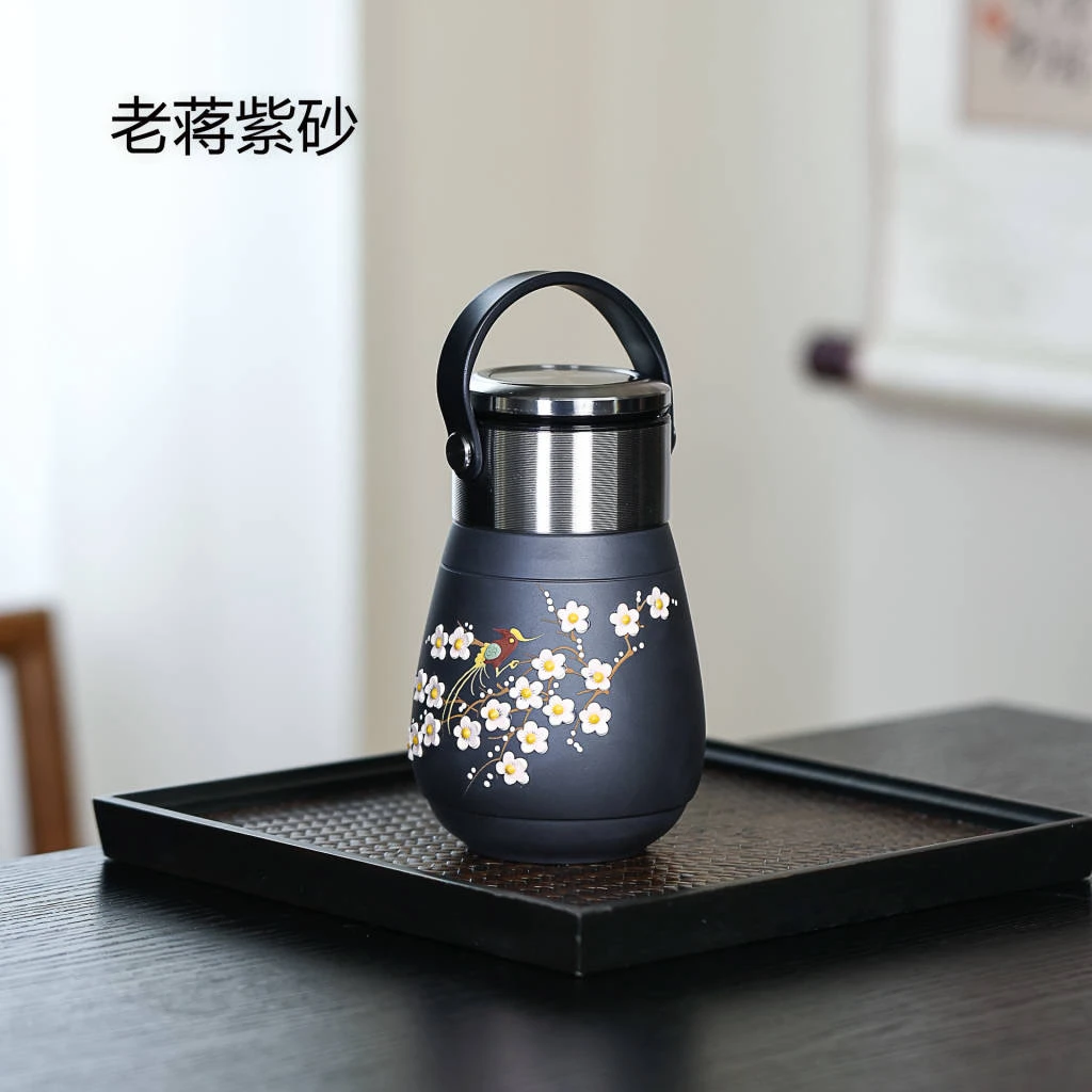 宜兴紫砂  双层防烫手工绘 喜上眉梢感温 便携杯
