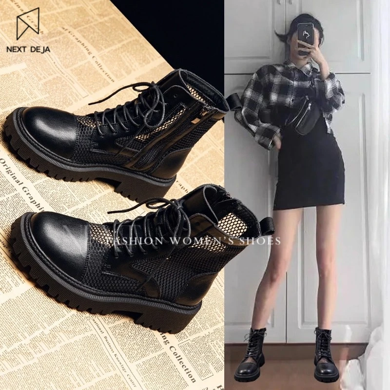 夏季中筒网面马丁靴单靴网状ins镂空透气凉靴薄款2025新款短靴女