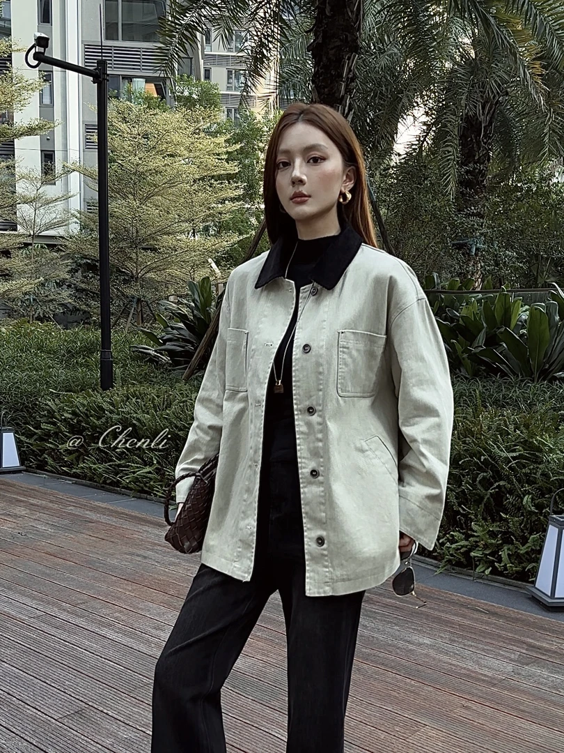 XIANJIE纯色宽松型女POLO领长袖翻领风衣常规秋季常规款9905