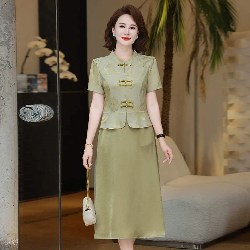 妈妈夏装短袖高贵连衣裙2025新款中老年时尚气质显瘦假两件裙子