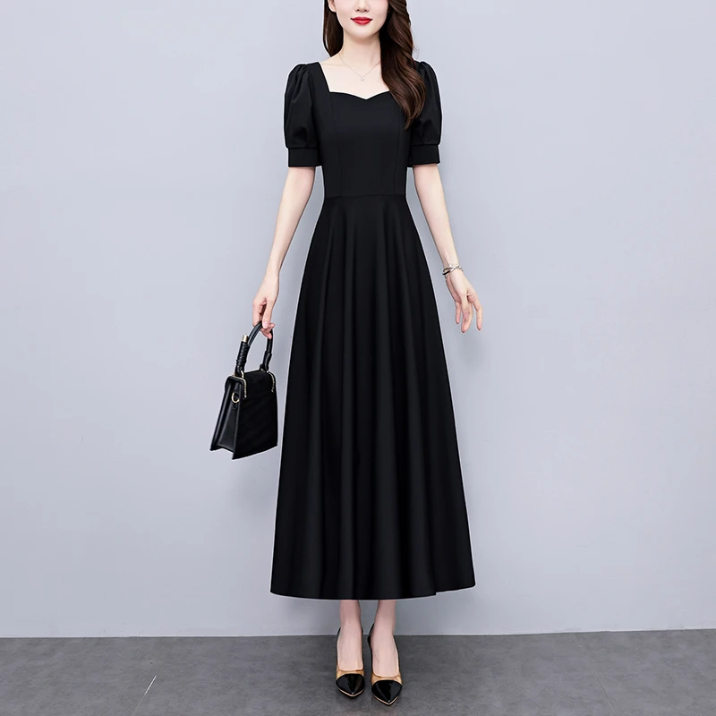 赫本风黑色连衣裙女夏长款2025夏季新款大码收腰显瘦胖mm小黑裙子