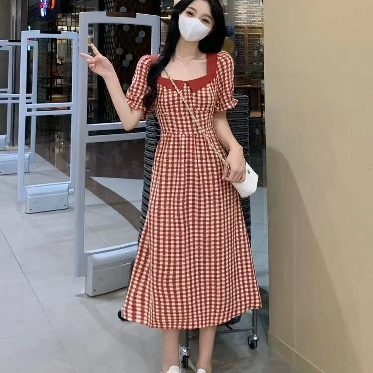 法式设计感短袖复古格子连衣裙女夏季2025新款小个子大码显瘦长裙